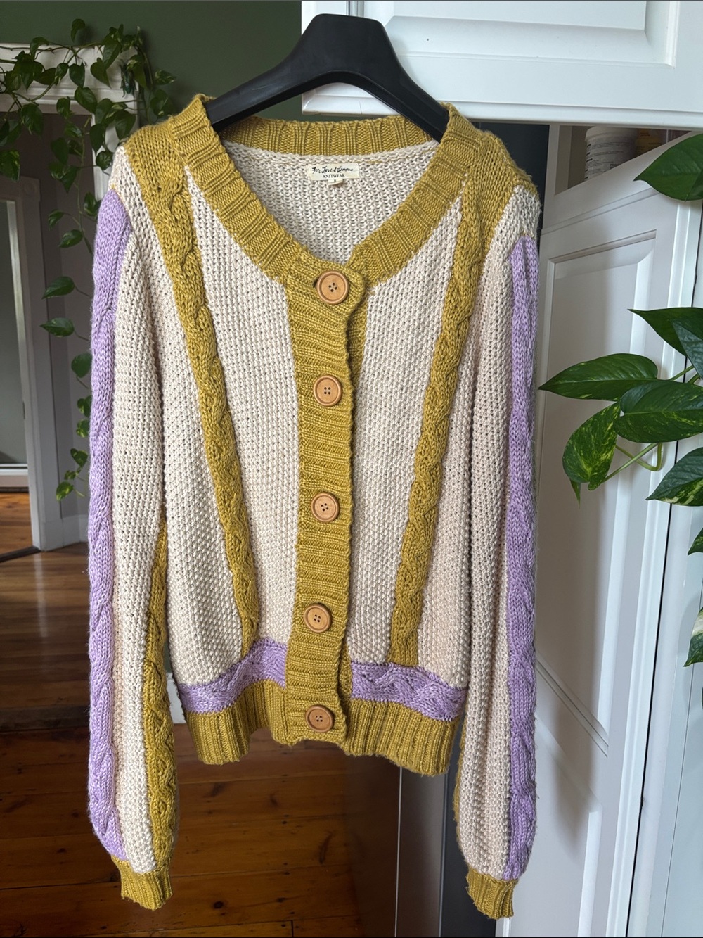 For Love & Lemons Cream Cardigan with Mustard Trim & Lavender Accents